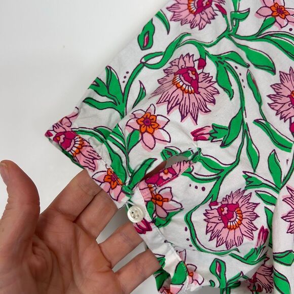 J. Crew Blouse Cotton poplin top Pink Green Floral White Lotus Bloom Medium M - Picture 8 of 14